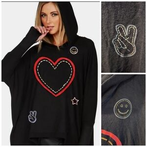 Lauren Moshi Black Hoodie with Red Heart and Peace Sign